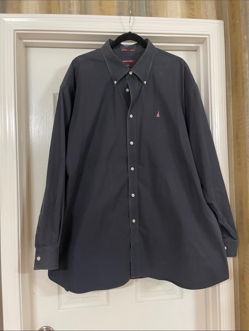 Nordstrom Smart Care Men's Dark Navy Button-Down Dress Shirt with Burgundy Logo